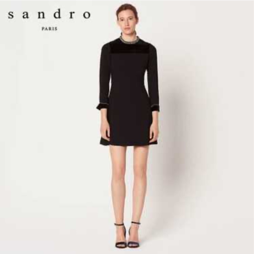 Sandro Rhinestone Mock Neck Velvet Black Mini Dress Size EU 38 US 6